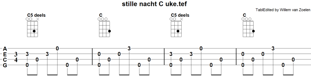 Afbeelding bij: Wat is TAB en hoe werkt het. een stukje muziek voor ukelele / ukulele uitgeschreven in TAB.