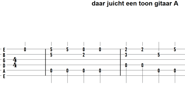 Daar juicht een toon gitaar toonsoort A alle 4 de TABs